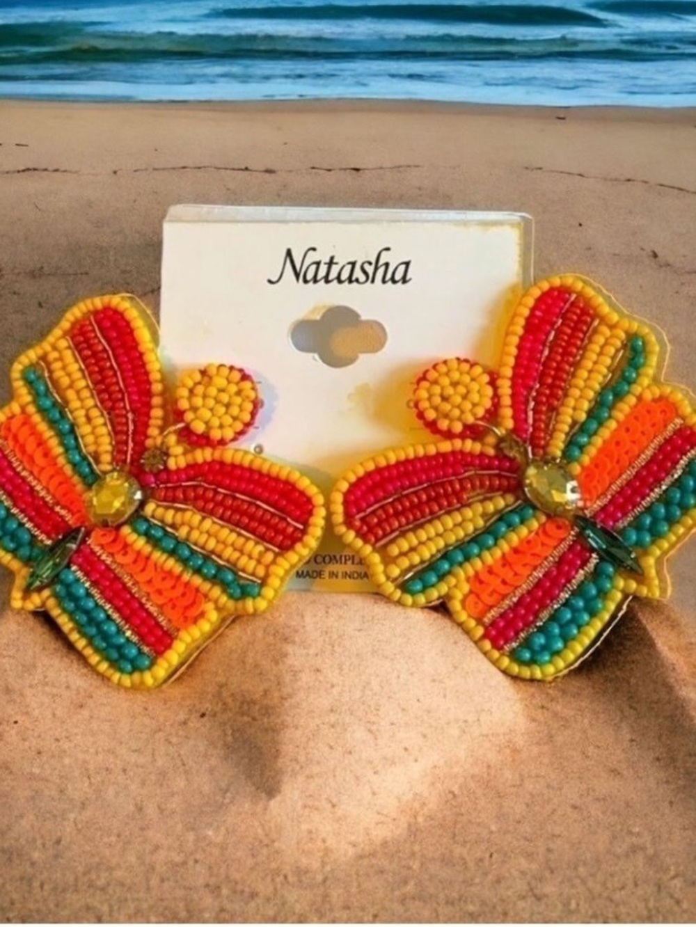 NATASHA Couture Rainbow Bead and Jewel Butterfly Drop Pierced Earrings Stud Back